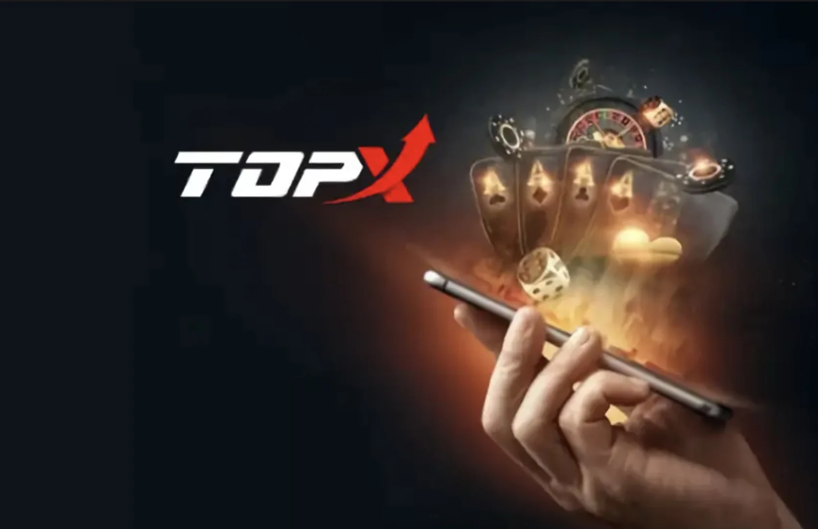 Mão segurando um celular de onde sobem cartas, dados e uma roleta, com o logotipo da TopX